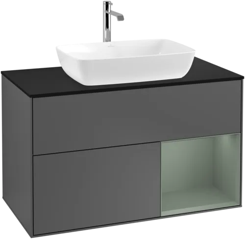 VILLEROY BOCH Toaletní skříňka Finion, s osvětlením, 2 výsuvy, 1000 x 603 x 501 mm, antracitový matný lak / olivový matný lak / černé matné sklo #F782GMGK