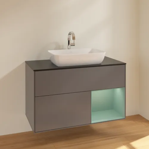 VILLEROY BOCH Toaletní skříňka Finion, s osvětlením, 2 výsuvy, 1000 x 603 x 501 mm, antracitový matný lak / olivový matný lak / černé matné sklo #F782GMGK, obrázek 2