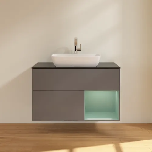VILLEROY BOCH Toaletní skříňka Finion, s osvětlením, 2 výsuvy, 1000 x 603 x 501 mm, antracitový matný lak / olivový matný lak / černé matné sklo #F782GMGK, obrázek 3
