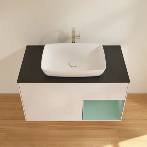VILLEROY BOCH Toaletní skříňka Finion, s osvětlením, 2 výsuvy, 1000 x 603 x 501 mm, lesklý bílý lak / olivově matný lak / černé matné sklo #F782GMGF, obrázek 4