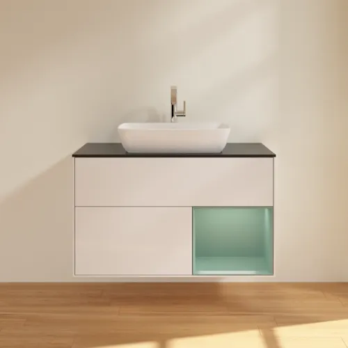 VILLEROY BOCH Toaletní skříňka Finion, s osvětlením, 2 výsuvy, 1000 x 603 x 501 mm, lesklý bílý lak / olivově matný lak / černé matné sklo #F782GMGF, obrázek 3