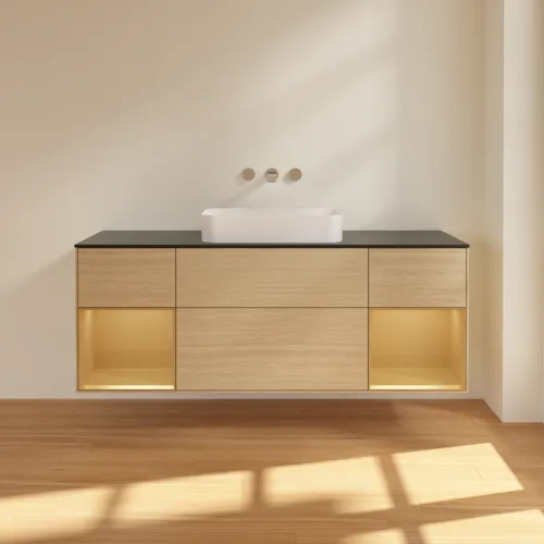 VILLEROY BOCH Toaletní skříňka Finion, s osvětlením, 4 výsuvy, 1600 x 603 x 501 mm, dubová dýha / zlatý matný lak / černé matné sklo #F742HFPC, obrázek 3