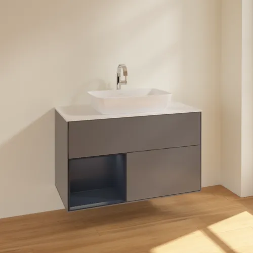 VILLEROY BOCH Toaletní skříňka Finion, s osvětlením, 2 výsuvy, 1000 x 603 x 501 mm, antracitový matný lak / půlnoční modrý matný lak / bílé matné sklo #F771HGGK, obrázek 2
