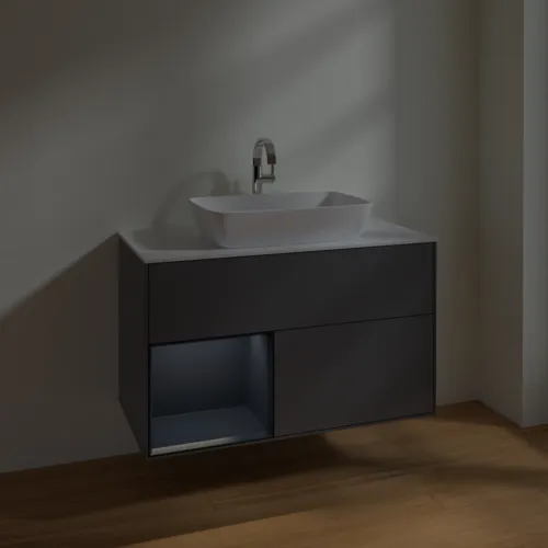VILLEROY BOCH Toaletní skříňka Finion, s osvětlením, 2 výsuvy, 1000 x 603 x 501 mm, antracitový matný lak / půlnoční modrý matný lak / bílé matné sklo #F771HGGK, obrázek 5