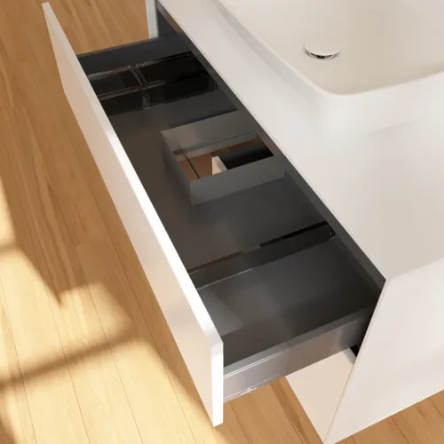 VILLEROY BOCH Toaletní skříňka Finion, s osvětlením, 2 výsuvy, 1000 x 603 x 501 mm, bílý matný lak / ořechová dýha / sklo bílé matné #F771GNMT, obrázek 8