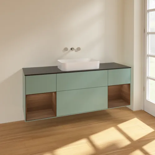 VILLEROY BOCH Toaletní skříňka Finion, s osvětlením, 4 výsuvy, 1600 x 603 x 501 mm, olivový matný lak / ořechová dýha / černé matné sklo #F742GNGM, obrázek 2