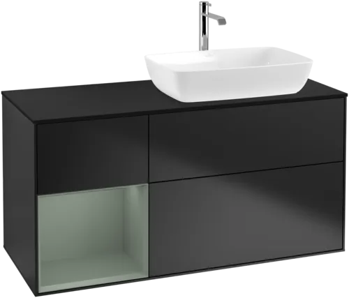 VILLEROY BOCH Toaletní skříňka Finion, s osvětlením, 3 výsuvy, 1200 x 603 x 501 mm, černý matný lak / olivový matný lak / černé matné sklo #F802GMPD, obrázek 1
