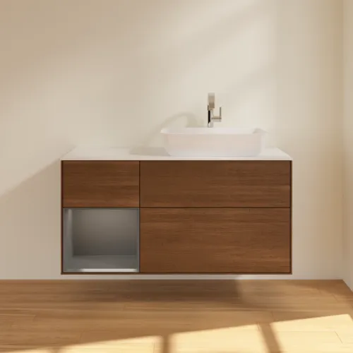 VILLEROY BOCH Toaletní skříňka Finion, s osvětlením, 3 výsuvy, 1200 x 603 x 501 mm, ořechová dýha / antracitový matný lak / bílé matné sklo #F801GKGN, obrázek 3