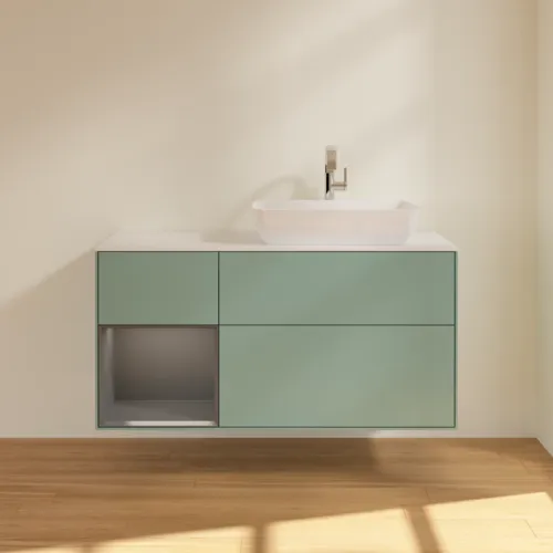 VILLEROY BOCH Toaletní skříňka Finion, s osvětlením, 3 výsuvy, 1200 x 603 x 501 mm, olivový matný lak / antracitový matný lak / bílé matné sklo #F801GKGM, obrázek 3
