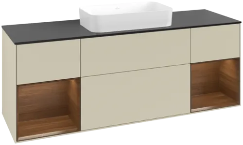 VILLEROY BOCH Toaletní skříňka Finion, s osvětlením, 4 výsuvy, 1600 x 603 x 501 mm, hedvábně šedý matný lak / ořechová dýha / černé matné sklo #F742GNHJ