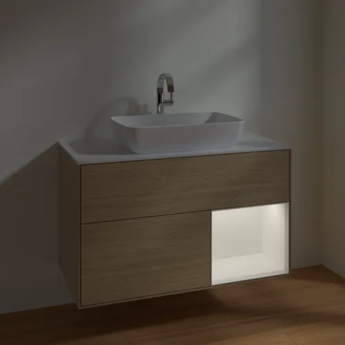 VILLEROY BOCH Toaletní skříňka Finion, s osvětlením, 2 výsuvy, 1000 x 603 x 501 mm, dubová dýha / bílý matný lak / sklo bílé matné #F781MTPC, obrázek 5