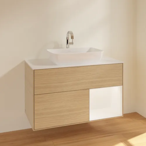 VILLEROY BOCH Toaletní skříňka Finion, s osvětlením, 2 výsuvy, 1000 x 603 x 501 mm, dubová dýha / bílý matný lak / sklo bílé matné #F781MTPC, obrázek 2