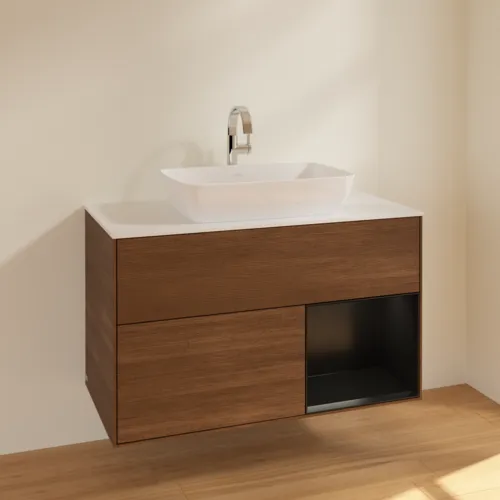 VILLEROY BOCH Toaletní stolek Finion, s osvětlením, 2 výsuvy, 1000 x 603 x 501 mm, ořechová dýha / černý matný lak / sklo bílé matné #F781PDGN, obrázek 2