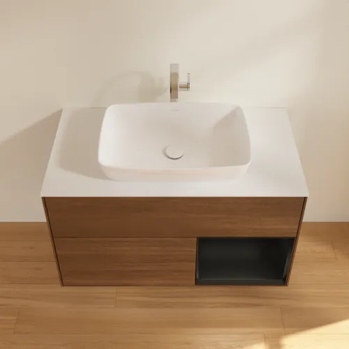 VILLEROY BOCH Toaletní stolek Finion, s osvětlením, 2 výsuvy, 1000 x 603 x 501 mm, ořechová dýha / černý matný lak / sklo bílé matné #F781PDGN, obrázek 4
