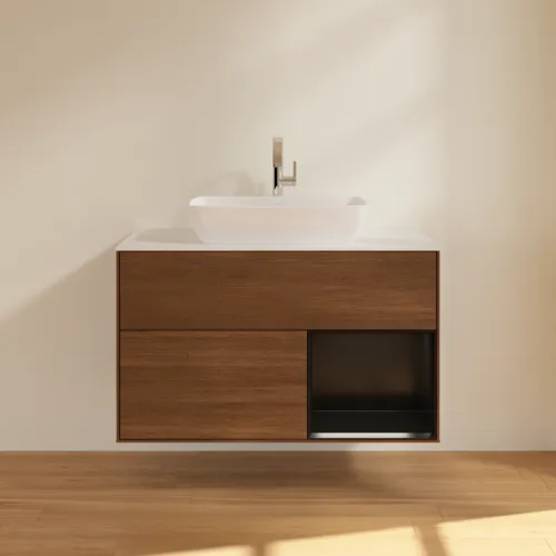 VILLEROY BOCH Toaletní stolek Finion, s osvětlením, 2 výsuvy, 1000 x 603 x 501 mm, ořechová dýha / černý matný lak / sklo bílé matné #F781PDGN, obrázek 3