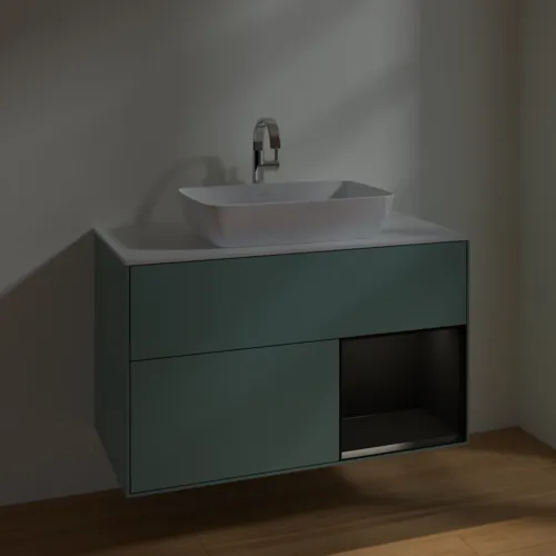 VILLEROY BOCH Toaletní skříňka Finion, s osvětlením, 2 výsuvy, 1000 x 603 x 501 mm, olivový matný lak / černý matný lak / bílé matné sklo #F781PDGM, obrázek 5