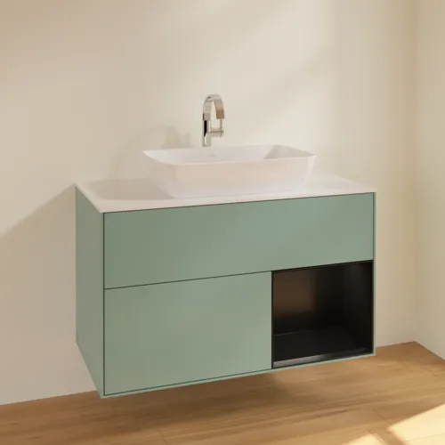 VILLEROY BOCH Toaletní skříňka Finion, s osvětlením, 2 výsuvy, 1000 x 603 x 501 mm, olivový matný lak / černý matný lak / bílé matné sklo #F781PDGM, obrázek 2