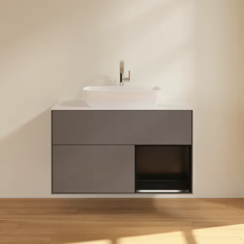 VILLEROY BOCH Toaletní skříňka Finion, s osvětlením, 2 výsuvy, 1000 x 603 x 501 mm, antracitový matný lak / černý matný lak / bílé matné sklo #F781PDGK, obrázek 3