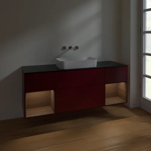 VILLEROY BOCH Toaletní skříňka Finion, s osvětlením, 4 výsuvy, 1600 x 603 x 501 mm, matný lak Peony / ořechová dýha / černé matné sklo #F742GNHB, obrázek 5