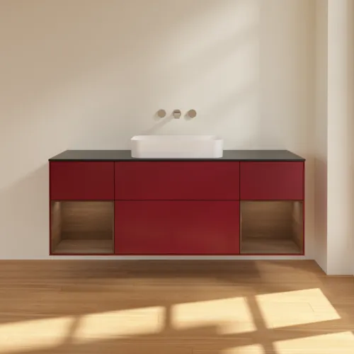 VILLEROY BOCH Toaletní skříňka Finion, s osvětlením, 4 výsuvy, 1600 x 603 x 501 mm, matný lak Peony / ořechová dýha / černé matné sklo #F742GNHB, obrázek 3