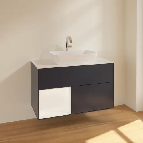 VILLEROY BOCH Toaletní skříňka Finion, s osvětlením, 2 výsuvy, 1000 x 603 x 501 mm, Midnight Blue Matt Lacquer / White Matt Lacquer / Glass White Matt #F771MTHG, obrázek 2