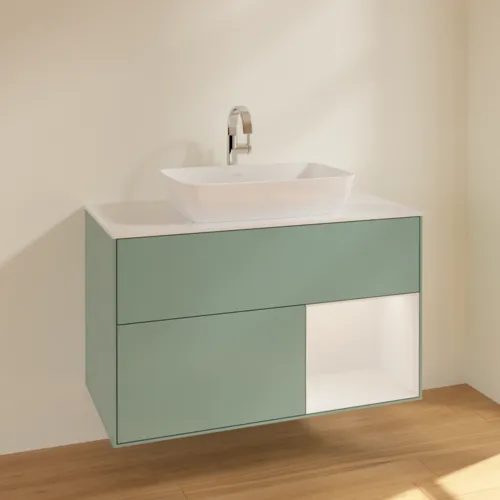 VILLEROY BOCH Toaletní skříňka Finion, s osvětlením, 2 výsuvy, 1000 x 603 x 501 mm, olivový matný lak / lesklý bílý lak / sklo bílé matné #F781GFGM, obrázek 2