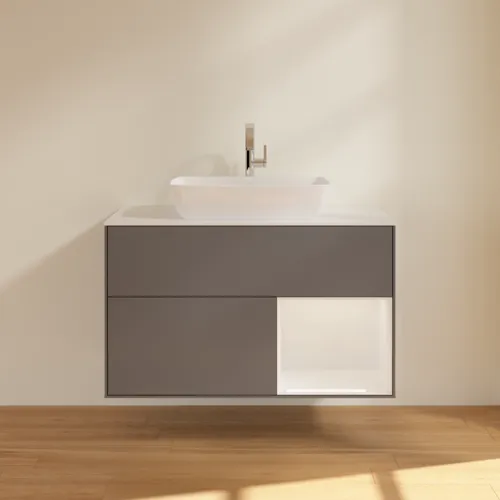 VILLEROY BOCH Toaletní skříňka Finion, s osvětlením, 2 výsuvy, 1000 x 603 x 501 mm, antracit matný lak / lesklý bílý lak / sklo bílé matné #F781GFGK, obrázek 3