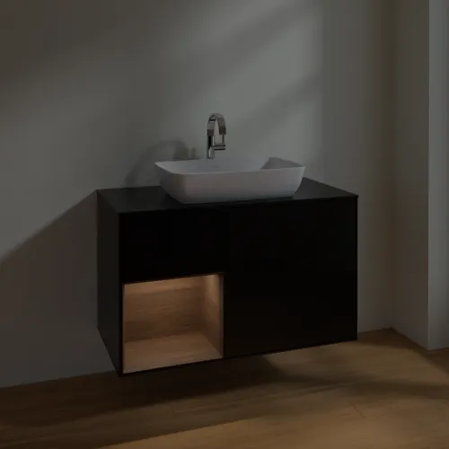 VILLEROY BOCH Toaletní skříňka Finion, s osvětlením, 2 výsuvy, 1000 x 603 x 501 mm, černý matný lak / ořechová dýha / černé matné sklo #F772GNPD, obrázek 5