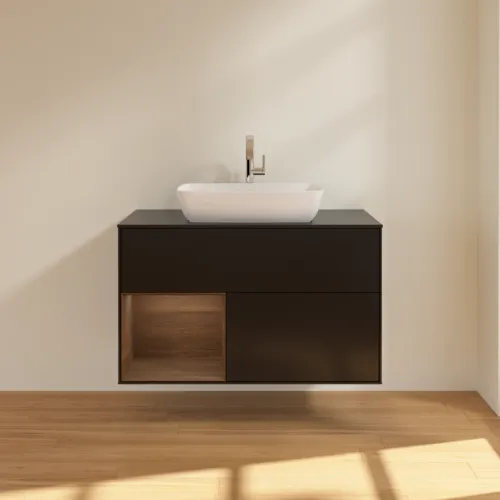 VILLEROY BOCH Toaletní skříňka Finion, s osvětlením, 2 výsuvy, 1000 x 603 x 501 mm, černý matný lak / ořechová dýha / černé matné sklo #F772GNPD, obrázek 3