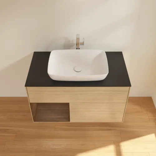 VILLEROY BOCH Toaletní stolek Finion, s osvětlením, 2 výsuvy, 1000 x 603 x 501 mm, dubová dýha / ořechová dýha / sklo černé matné #F772GNPC, obrázek 4