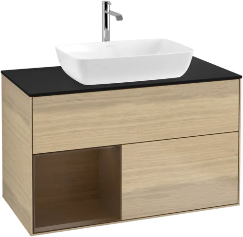 VILLEROY BOCH Toaletní stolek Finion, s osvětlením, 2 výsuvy, 1000 x 603 x 501 mm, dubová dýha / ořechová dýha / sklo černé matné #F772GNPC, obrázek 1