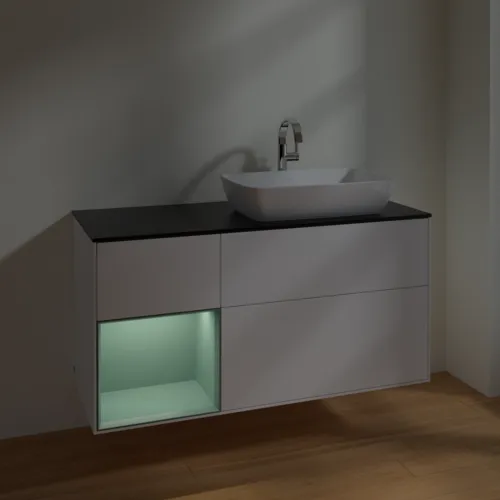 VILLEROY BOCH Toaletní skříňka Finion, s osvětlením, 3 výsuvy, 1200 x 603 x 501 mm, bílý matný lak / olivový matný lak / černé matné sklo #F802GMMT, obrázek 2