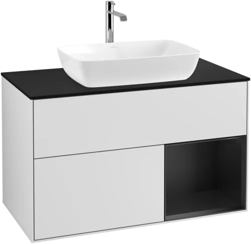 VILLEROY BOCH Toaletní skříňka Finion, s osvětlením, 2 výsuvy, 1000 x 603 x 501 mm, bílý matný lak / černý matný lak / černé matné sklo #F782PDMT