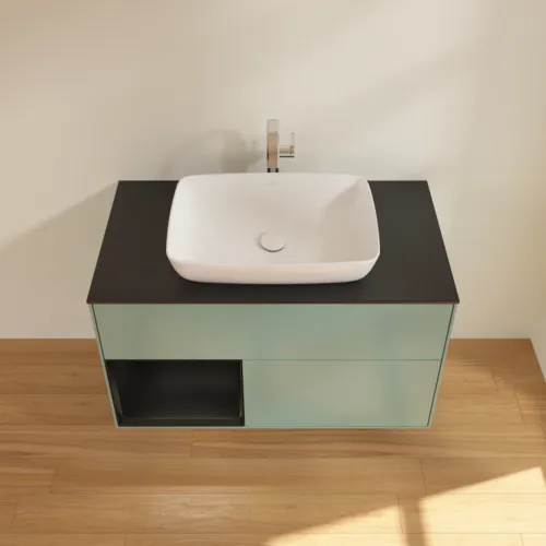 VILLEROY BOCH Toaletní skříňka Finion, s osvětlením, 2 výsuvy, 1000 x 603 x 501 mm, olivový matný lak / černý matný lak / černé matné sklo #F772PDGM, obrázek 4