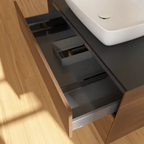 VILLEROY BOCH Toaletní skříňka Finion, s osvětlením, 2 výsuvy, 1000 x 603 x 501 mm, ořechová dýha / černý matný lak / černé matné sklo #F772PDGN, obrázek 8