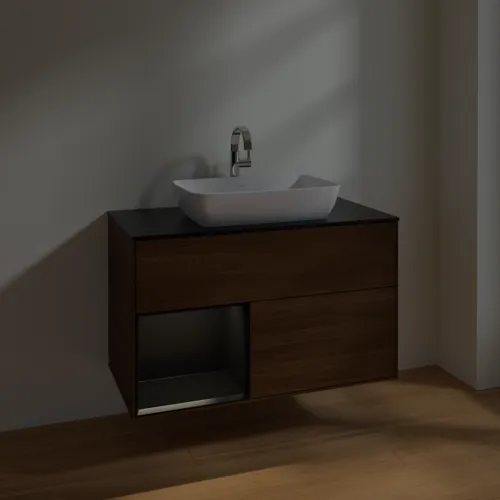 VILLEROY BOCH Toaletní skříňka Finion, s osvětlením, 2 výsuvy, 1000 x 603 x 501 mm, ořechová dýha / černý matný lak / černé matné sklo #F772PDGN, obrázek 5