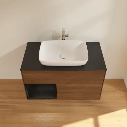 VILLEROY BOCH Toaletní skříňka Finion, s osvětlením, 2 výsuvy, 1000 x 603 x 501 mm, ořechová dýha / černý matný lak / černé matné sklo #F772PDGN, obrázek 4