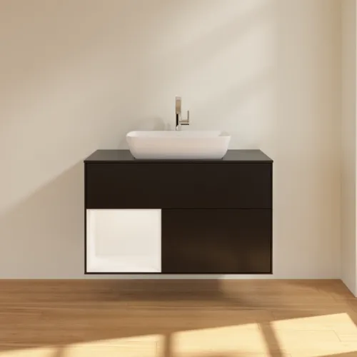 VILLEROY BOCH Umyvadlová skříňka Finion, s osvětlením, 2 výsuvy, 1000 x 603 x 501 mm, černý matný lak / bílý matný lak / černé matné sklo #F772MTPD, obrázek 3