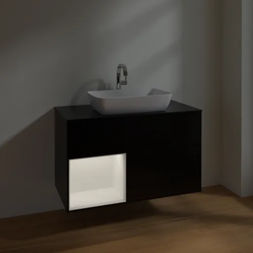 VILLEROY BOCH Umyvadlová skříňka Finion, s osvětlením, 2 výsuvy, 1000 x 603 x 501 mm, černý matný lak / bílý matný lak / černé matné sklo #F772MTPD, obrázek 5