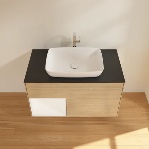 VILLEROY BOCH Toaletní skříňka Finion, s osvětlením, 2 výsuvy, 1000 x 603 x 501 mm, dubová dýha / bílý matný lak / sklo černé matné #F772MTPC, obrázek 4