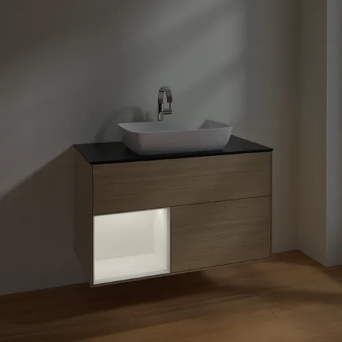 VILLEROY BOCH Toaletní skříňka Finion, s osvětlením, 2 výsuvy, 1000 x 603 x 501 mm, dubová dýha / bílý matný lak / sklo černé matné #F772MTPC, obrázek 5