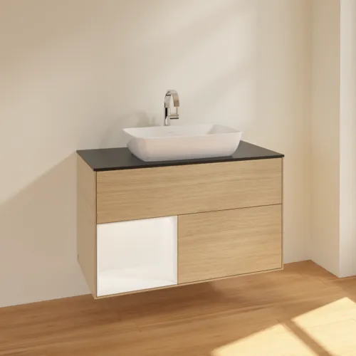VILLEROY BOCH Toaletní skříňka Finion, s osvětlením, 2 výsuvy, 1000 x 603 x 501 mm, dubová dýha / bílý matný lak / sklo černé matné #F772MTPC, obrázek 2