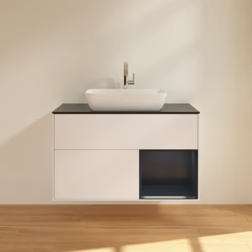 VILLEROY BOCH Toaletní skříňka Finion, s osvětlením, 2 výsuvy, 1000 x 603 x 501 mm, bílý matný lak / půlnoční modrý matný lak / černé matné sklo #F782HGMT, obrázek 3