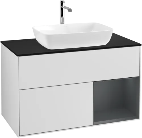 VILLEROY BOCH Toaletní skříňka Finion, s osvětlením, 2 výsuvy, 1000 x 603 x 501 mm, bílý matný lak / půlnoční modrý matný lak / černé matné sklo #F782HGMT, obrázek 1