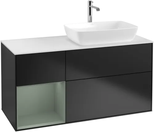 VILLEROY BOCH Toaletní skříňka Finion, s osvětlením, 3 výsuvy, 1200 x 603 x 501 mm, černý matný lak / olivový matný lak / bílé matné sklo #F801GMPD, obrázek 1