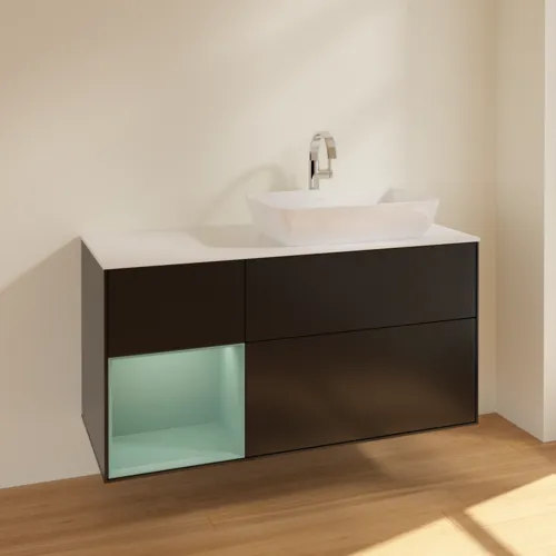 VILLEROY BOCH Toaletní skříňka Finion, s osvětlením, 3 výsuvy, 1200 x 603 x 501 mm, černý matný lak / olivový matný lak / bílé matné sklo #F801GMPD, obrázek 2