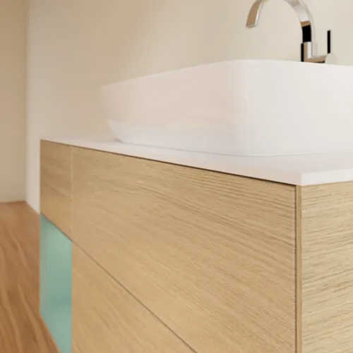 VILLEROY BOCH Toaletní skříňka Finion, s osvětlením, 3 výsuvy, 1200 x 603 x 501 mm, dubová dýha / olivový matný lak / sklo bílé matné #F801GMPC, obrázek 6