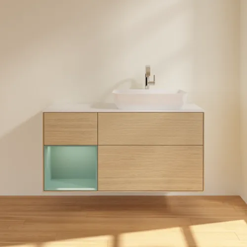 VILLEROY BOCH Toaletní skříňka Finion, s osvětlením, 3 výsuvy, 1200 x 603 x 501 mm, dubová dýha / olivový matný lak / sklo bílé matné #F801GMPC, obrázek 3