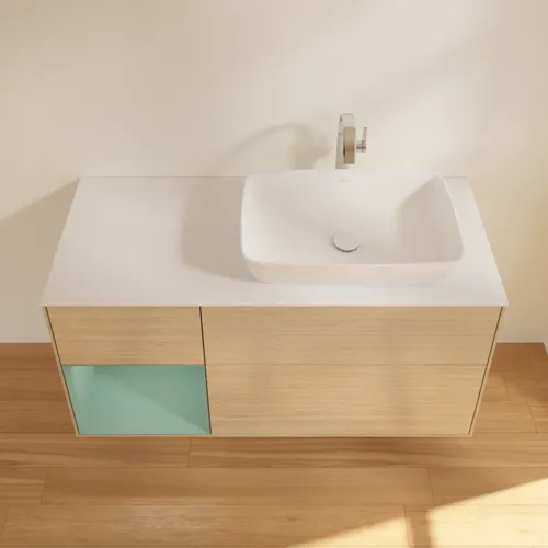 VILLEROY BOCH Toaletní skříňka Finion, s osvětlením, 3 výsuvy, 1200 x 603 x 501 mm, dubová dýha / olivový matný lak / sklo bílé matné #F801GMPC, obrázek 4