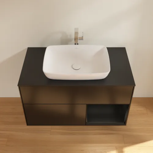 VILLEROY BOCH Umyvadlová skříňka Finion, s osvětlením, 2 výsuvy, 1000 x 603 x 501 mm, černý matný lak / černý matný lak / černé matné sklo #F782PDPD, obrázek 4